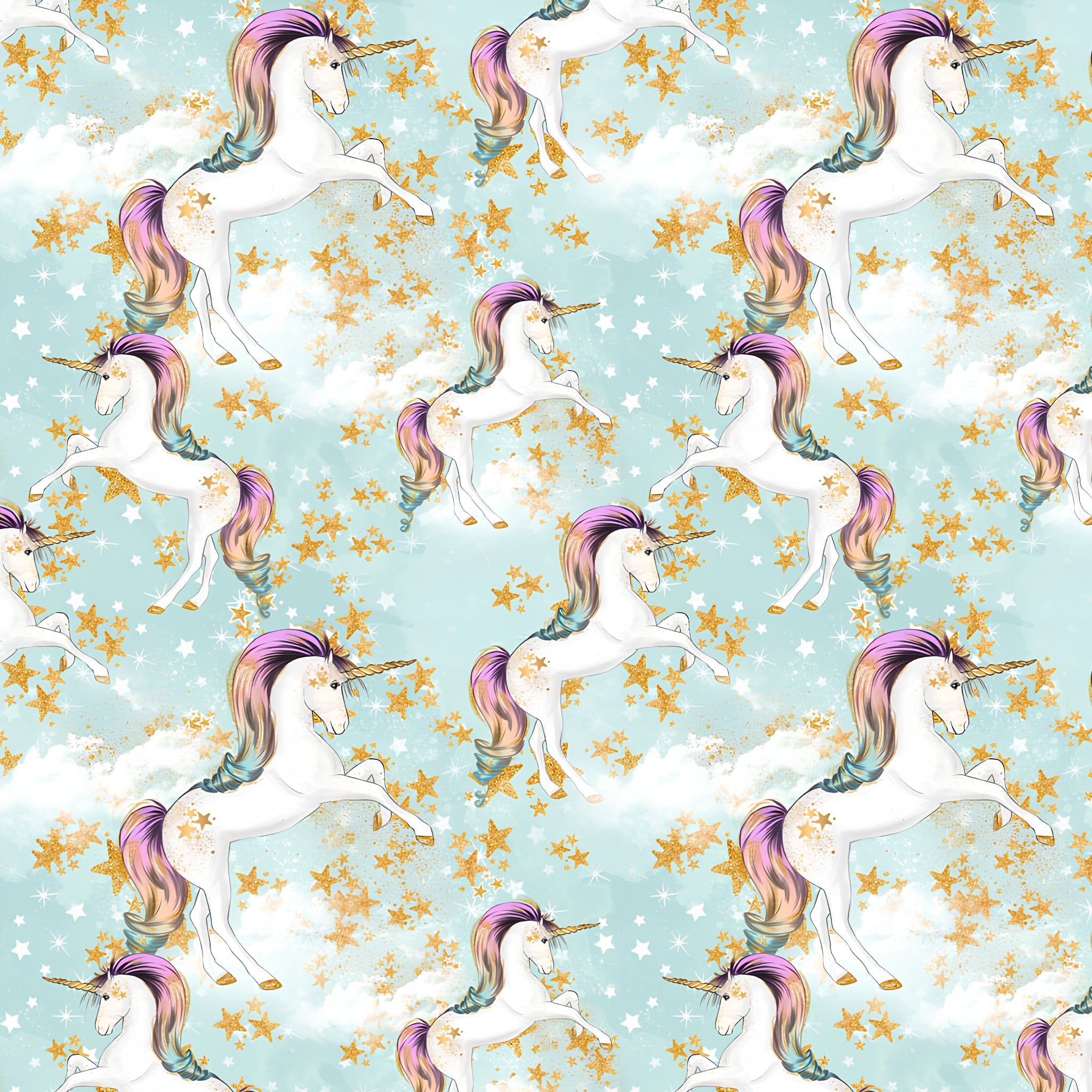 White unicorn rainbow mane gold horn soft blue fabric for girls quilts cushion covers dresses book bags and kids sewing projects