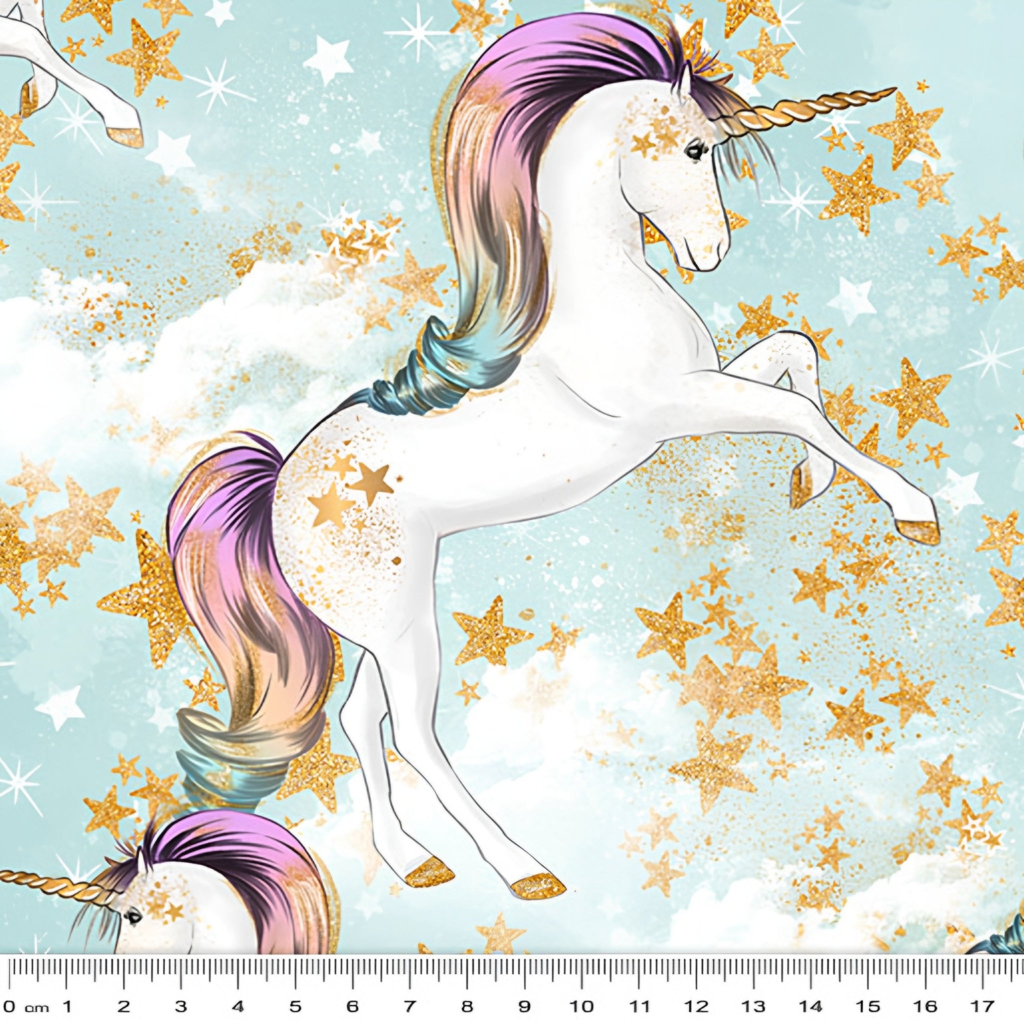 White unicorn rainbow mane gold horn soft blue fabric for girls quilts cushion covers dresses book bags and kids sewing projects