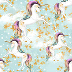 White unicorn rainbow mane gold horn soft blue fabric for girls quilts cushion covers dresses book bags and kids sewing projects