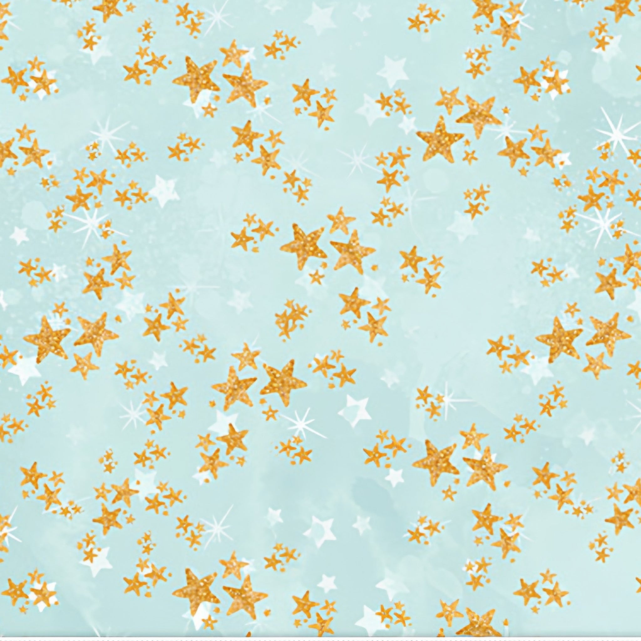Gold white stars scattered aqua blue fabric for girls quilts cushion covers scrunchies pouches and kids sewing projects