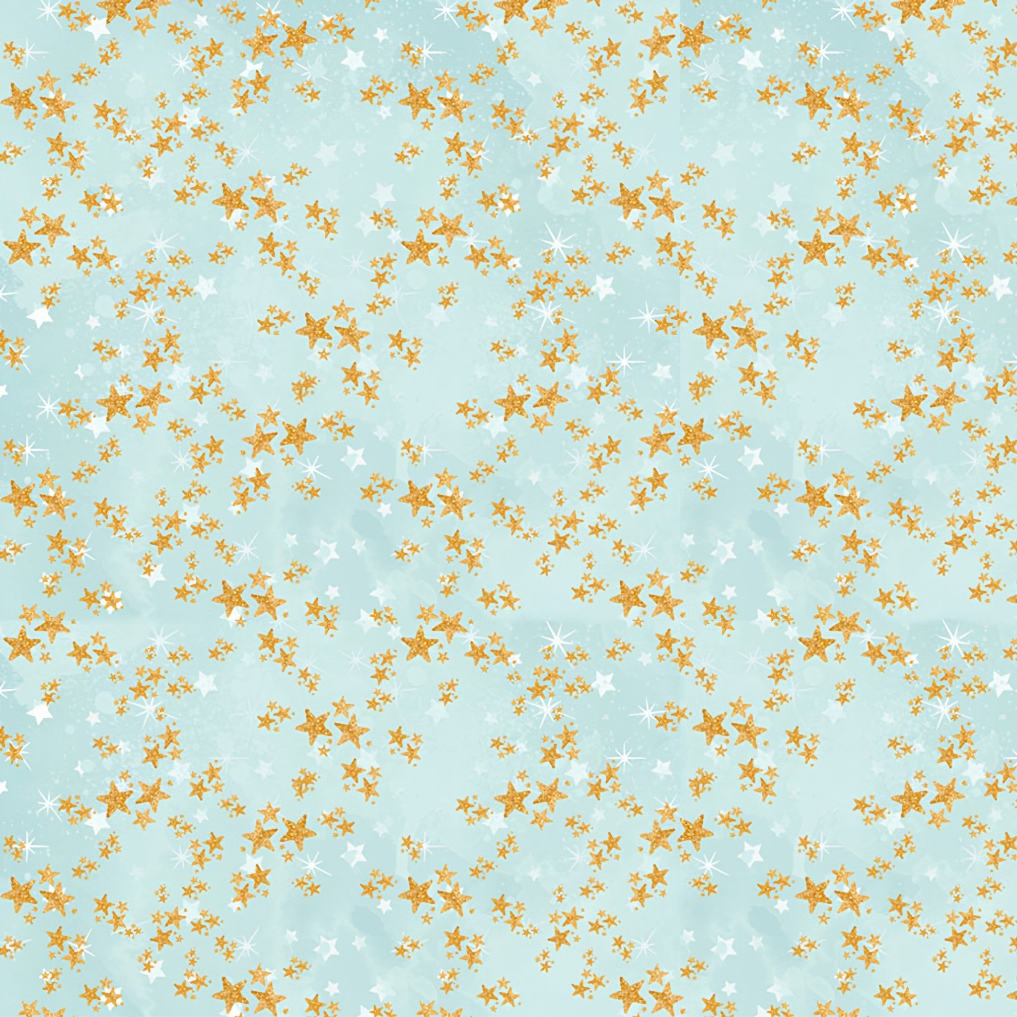 Gold white stars scattered aqua blue fabric for girls quilts cushion covers scrunchies pouches and kids sewing projects