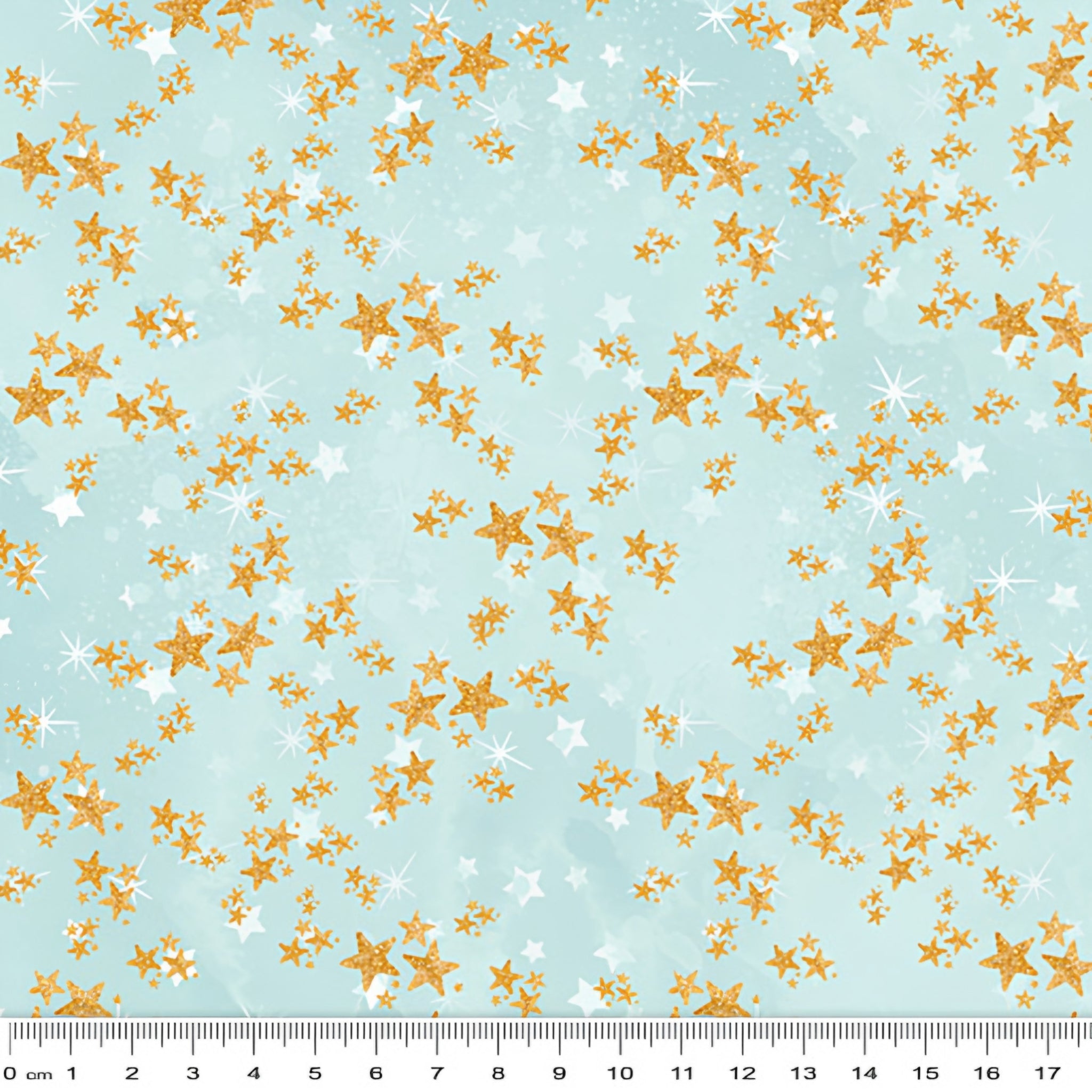 Gold white stars scattered aqua blue fabric for girls quilts cushion covers scrunchies pouches and kids sewing projects