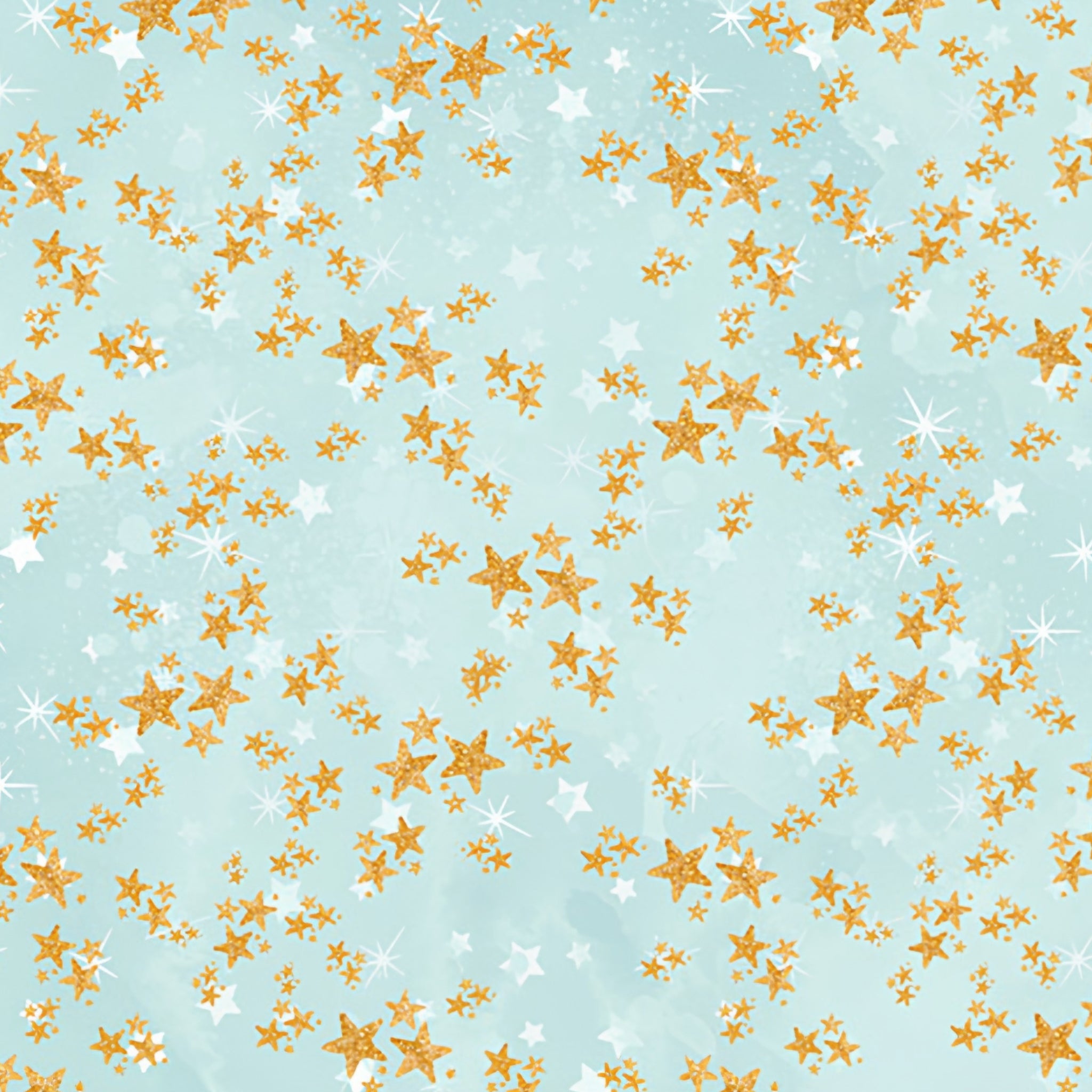 Gold white stars scattered aqua blue fabric for girls quilts cushion covers scrunchies pouches and kids sewing projects