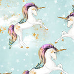 White unicorn rainbow mane gold horn soft blue fabric for girls quilts cushion covers dresses scrunchies pouches and kids sewing projects