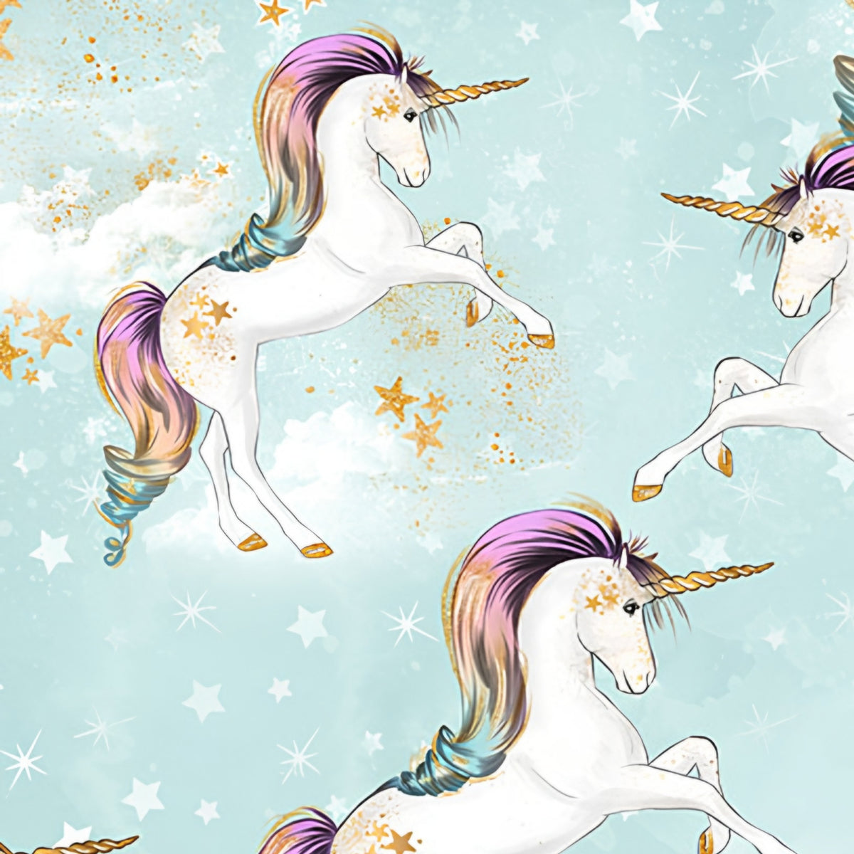 White unicorn rainbow mane gold horn soft blue fabric for girls quilts cushion covers dresses scrunchies pouches and kids sewing projects