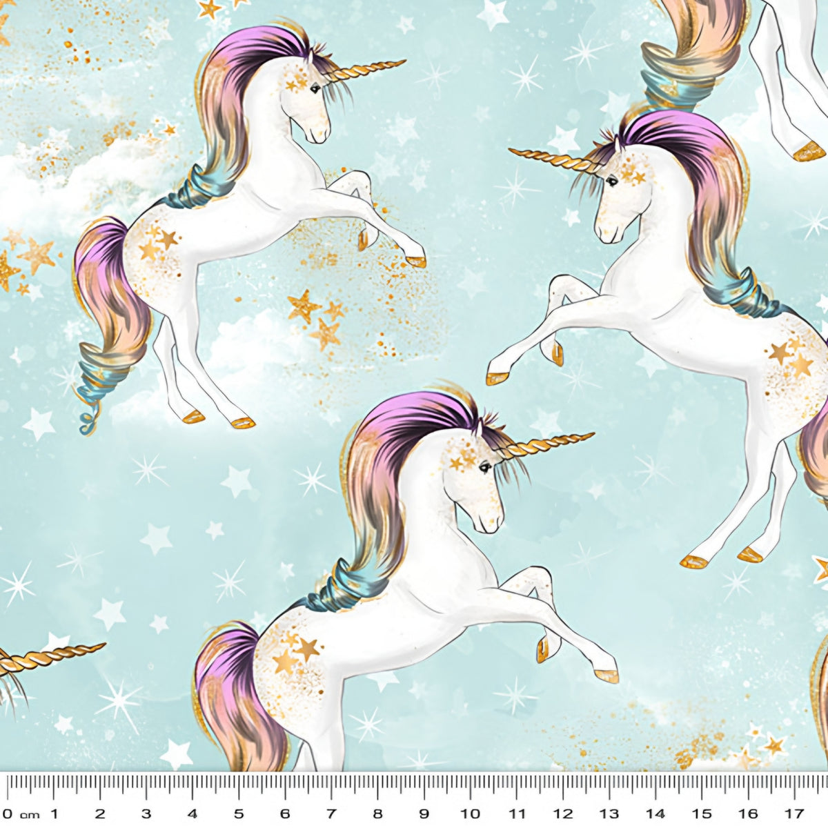 White unicorn rainbow mane gold horn soft blue fabric for girls quilts cushion covers dresses scrunchies pouches and kids sewing projects