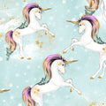 White unicorn rainbow mane gold horn soft blue fabric for girls quilts cushion covers dresses scrunchies pouches and kids sewing projects