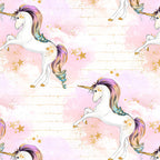 White unicorn rainbow mane pink watercolour clouds gold stars cream fabric for girls quilts dresses pouches and kids sewing projects