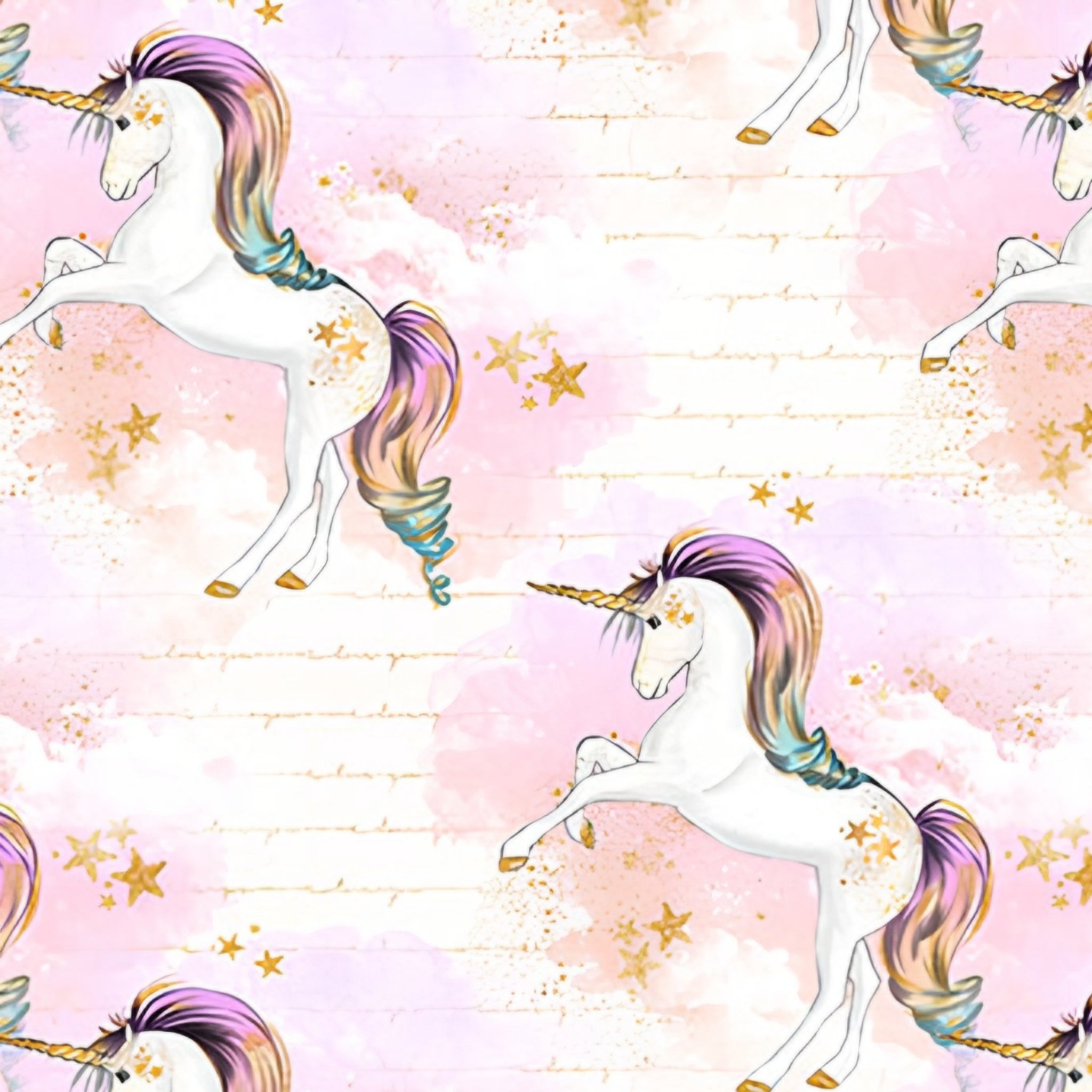 White unicorn rainbow mane pink watercolour clouds gold stars cream fabric for girls quilts dresses pouches and kids sewing projects