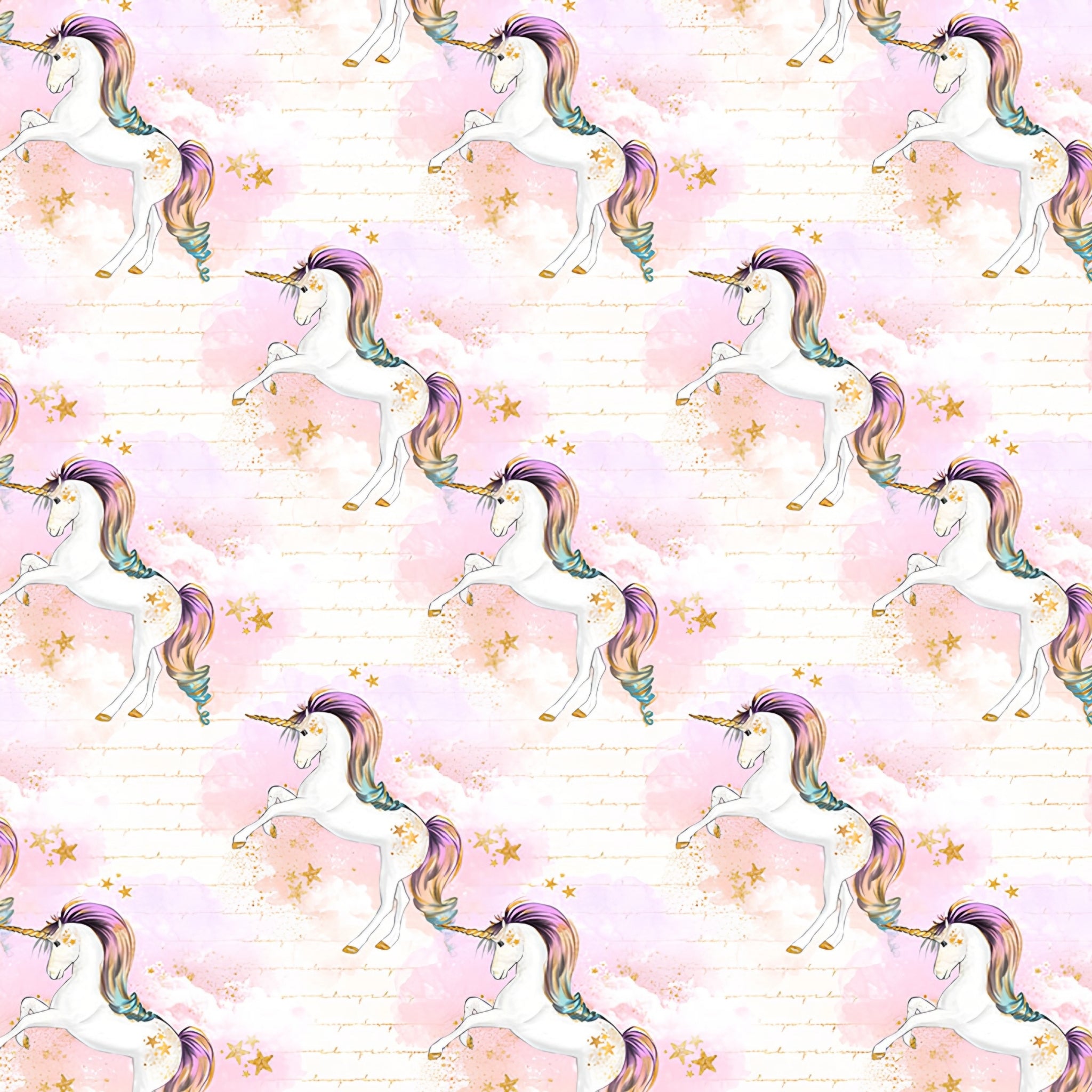 White unicorn rainbow mane pink watercolour clouds gold stars cream fabric for girls quilts dresses pouches and kids sewing projects