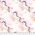 White unicorn rainbow mane pink watercolour clouds gold stars cream fabric for girls quilts dresses pouches and kids sewing projects