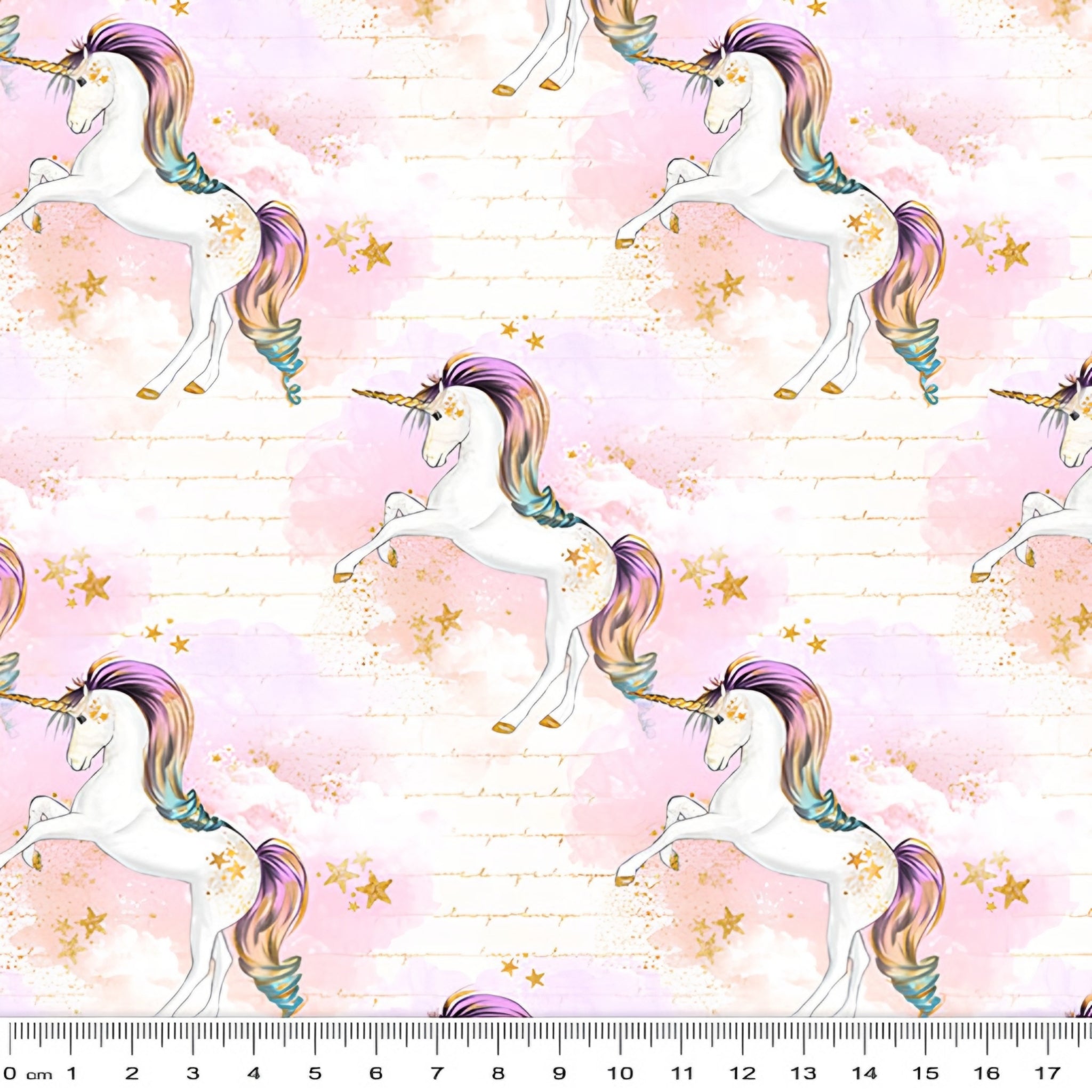 White unicorn rainbow mane pink watercolour clouds gold stars cream fabric for girls quilts dresses pouches and kids sewing projects