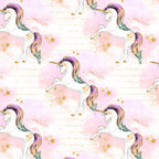 White unicorn rainbow mane pink watercolour clouds gold stars cream fabric for girls quilts dresses pouches and kids sewing projects