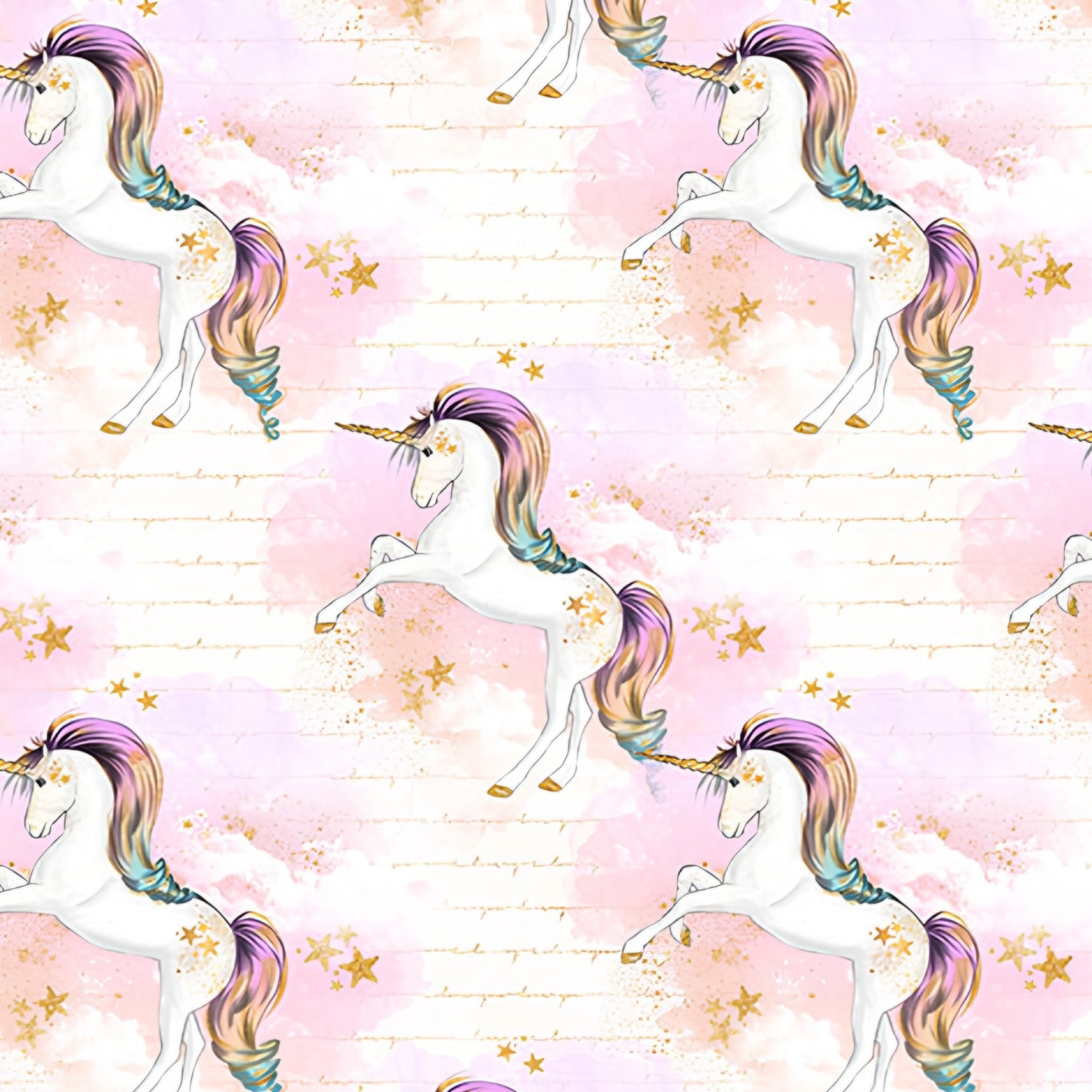 White unicorn rainbow mane pink watercolour clouds gold stars cream fabric for girls quilts dresses pouches and kids sewing projects