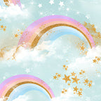 Pastel rainbow clouds gold white stars soft blue fabric for girls quilts cushion covers book bags and kids sewing projects