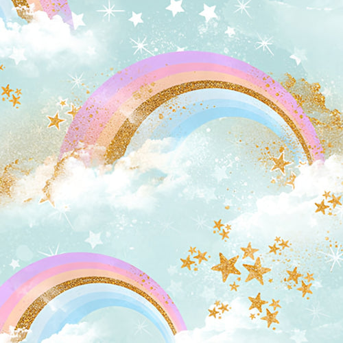 Pastel rainbow clouds gold white stars soft blue fabric for girls quilts cushion covers book bags and kids sewing projects