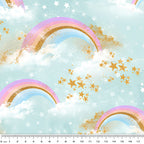Pastel rainbow clouds gold white stars soft blue fabric for girls quilts cushion covers book bags and kids sewing projects