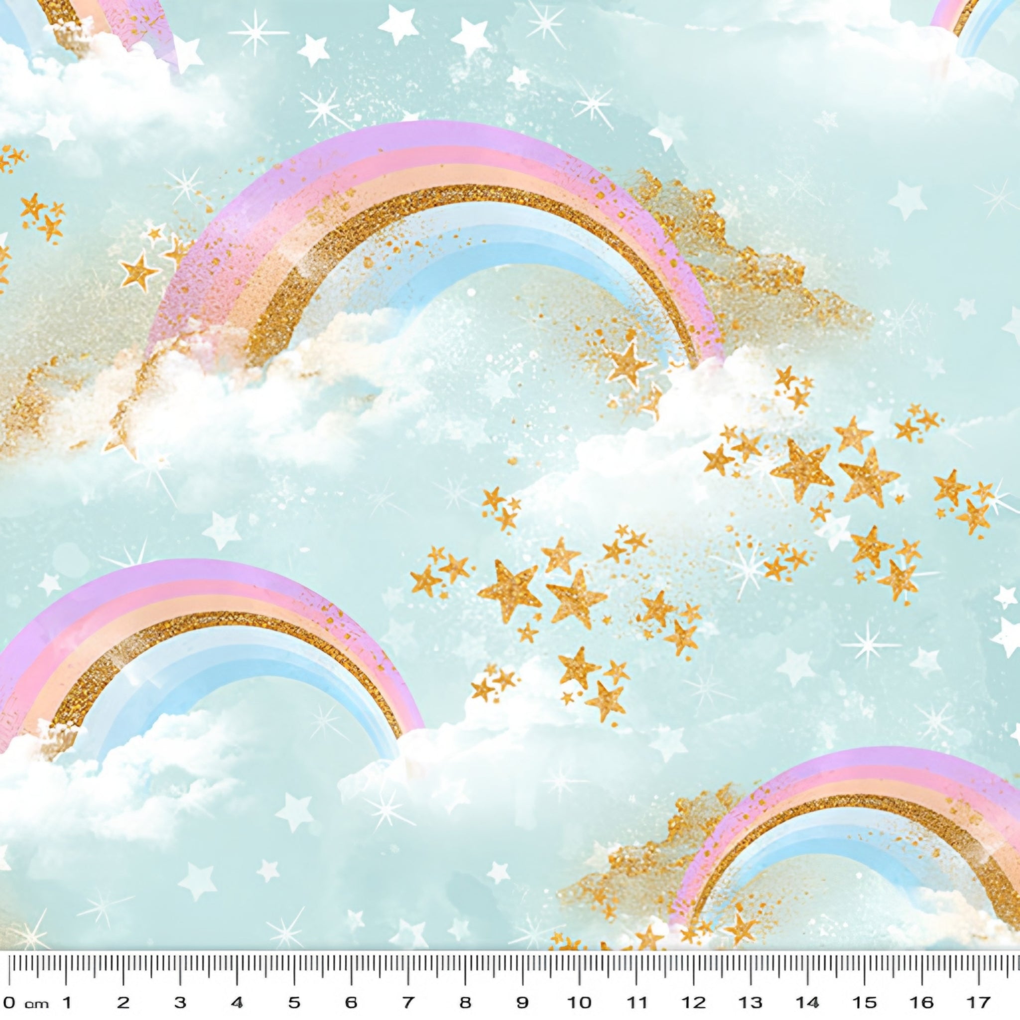 Pastel rainbow clouds gold white stars soft blue fabric for girls quilts cushion covers book bags and kids sewing projects