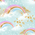 Pastel rainbow clouds gold white stars soft blue fabric for girls quilts cushion covers book bags and kids sewing projects