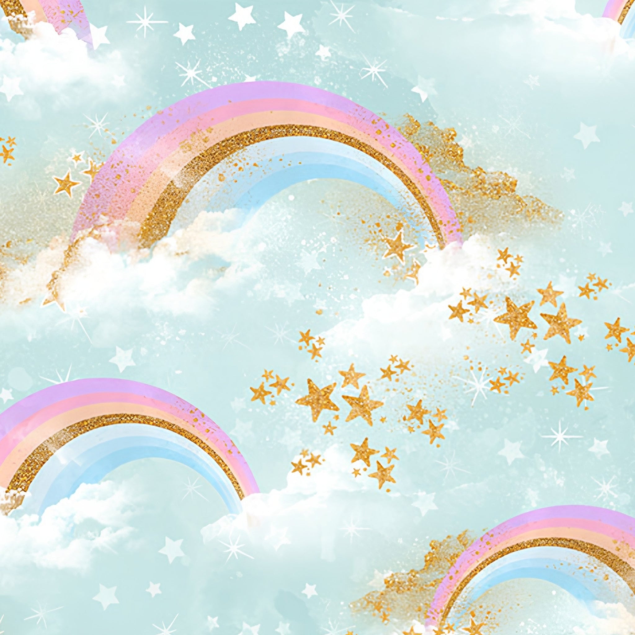 Pastel rainbow clouds gold white stars soft blue fabric for girls quilts cushion covers book bags and kids sewing projects