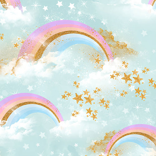 Pastel rainbow clouds gold white stars soft blue fabric for girls quilts cushion covers book bags and kids sewing projects