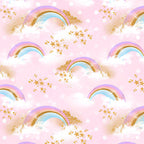 Pastel rainbow clouds gold stars soft white dots pink fabric for girls quilts cushion covers book bags and kids sewing projects