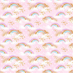 Pastel rainbow clouds gold stars soft white dots pink fabric for girls quilts cushion covers book bags and kids sewing projects