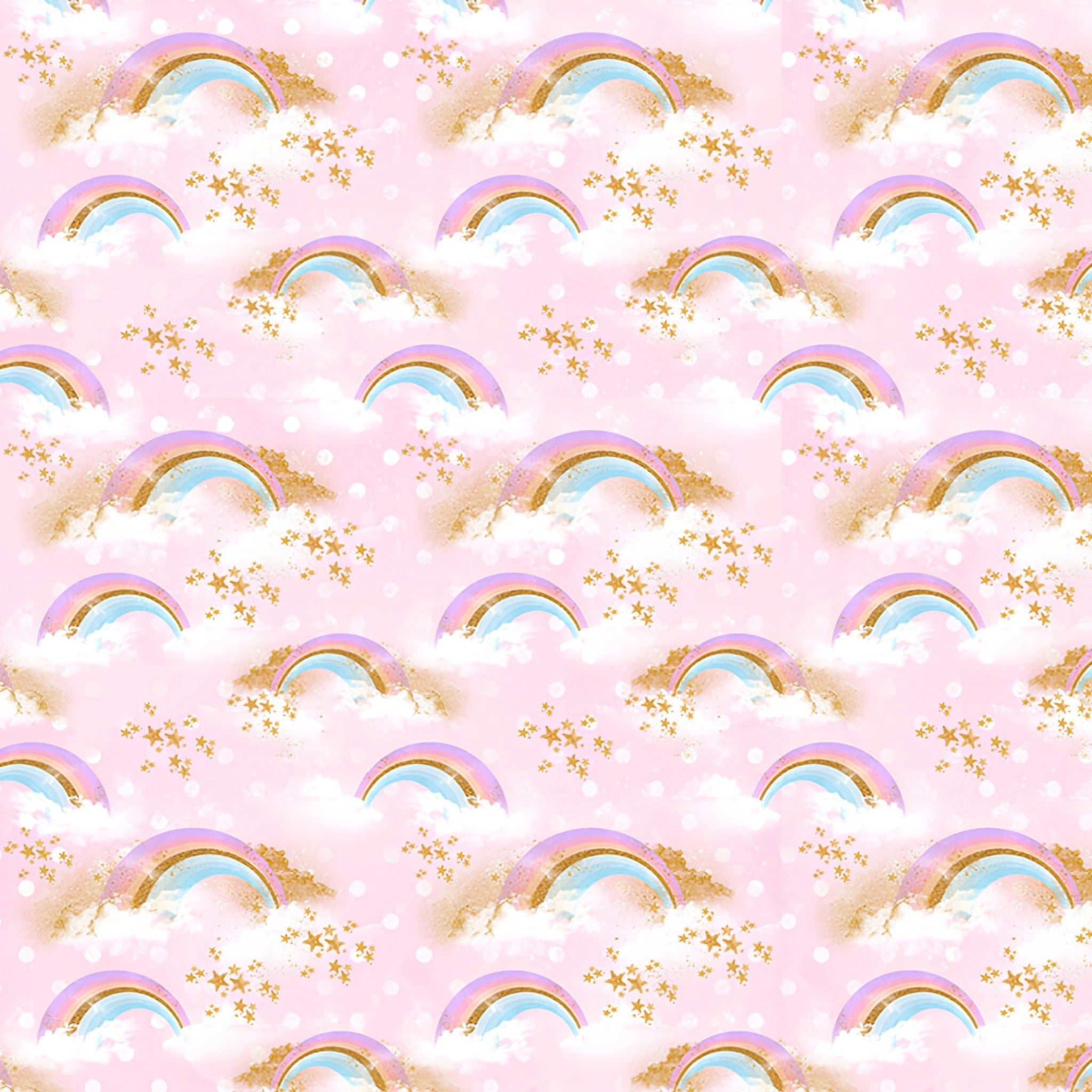 Pastel rainbow clouds gold stars soft white dots pink fabric for girls quilts cushion covers book bags and kids sewing projects
