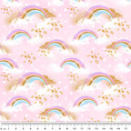 Pastel rainbow clouds gold stars soft white dots pink fabric for girls quilts cushion covers book bags and kids sewing projects