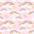 Pastel rainbow clouds gold stars soft white dots pink fabric for girls quilts cushion covers book bags and kids sewing projects