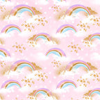Pastel rainbow clouds gold stars soft white dots pink fabric for girls quilts cushion covers book bags and kids sewing projects