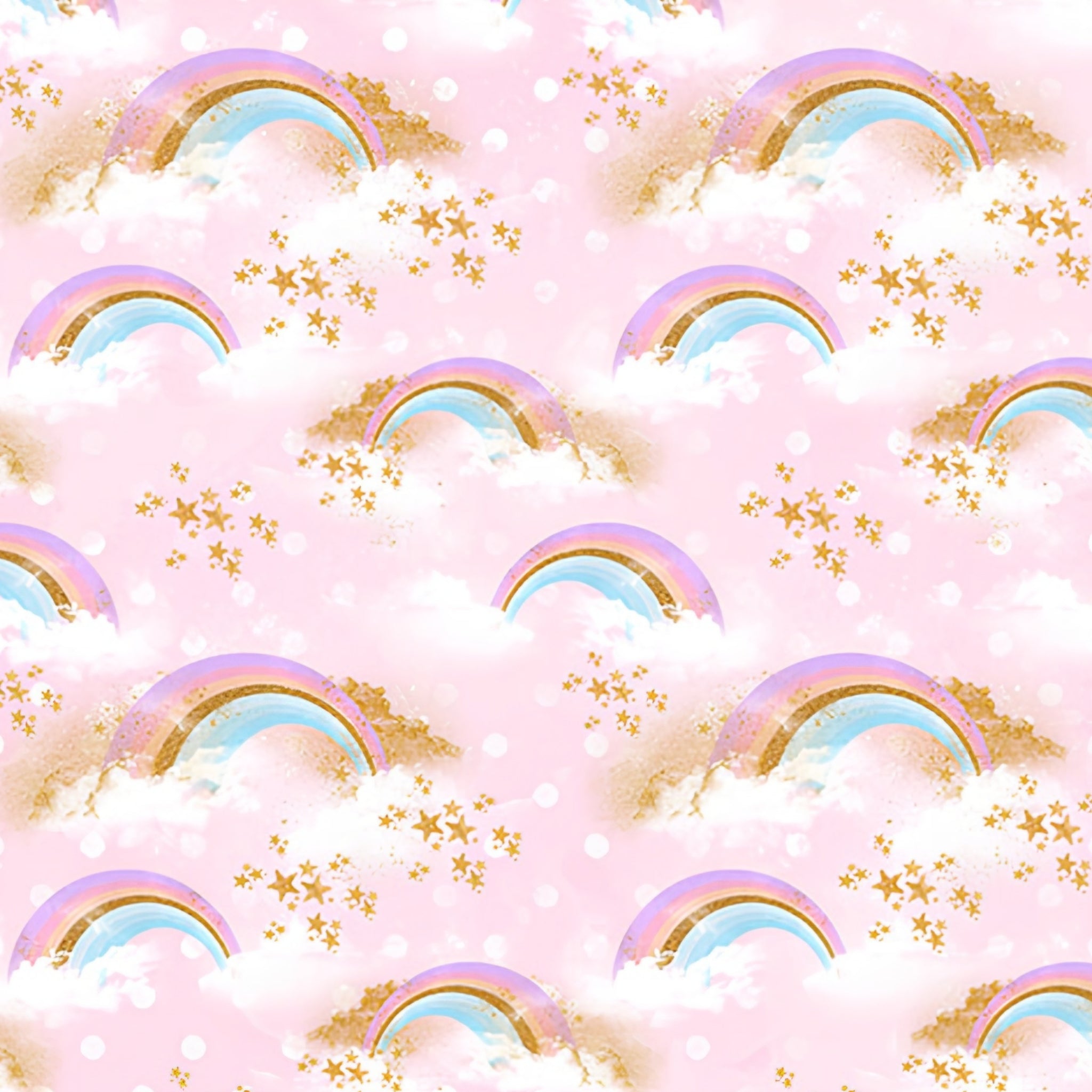 Pastel rainbow clouds gold stars soft white dots pink fabric for girls quilts cushion covers book bags and kids sewing projects