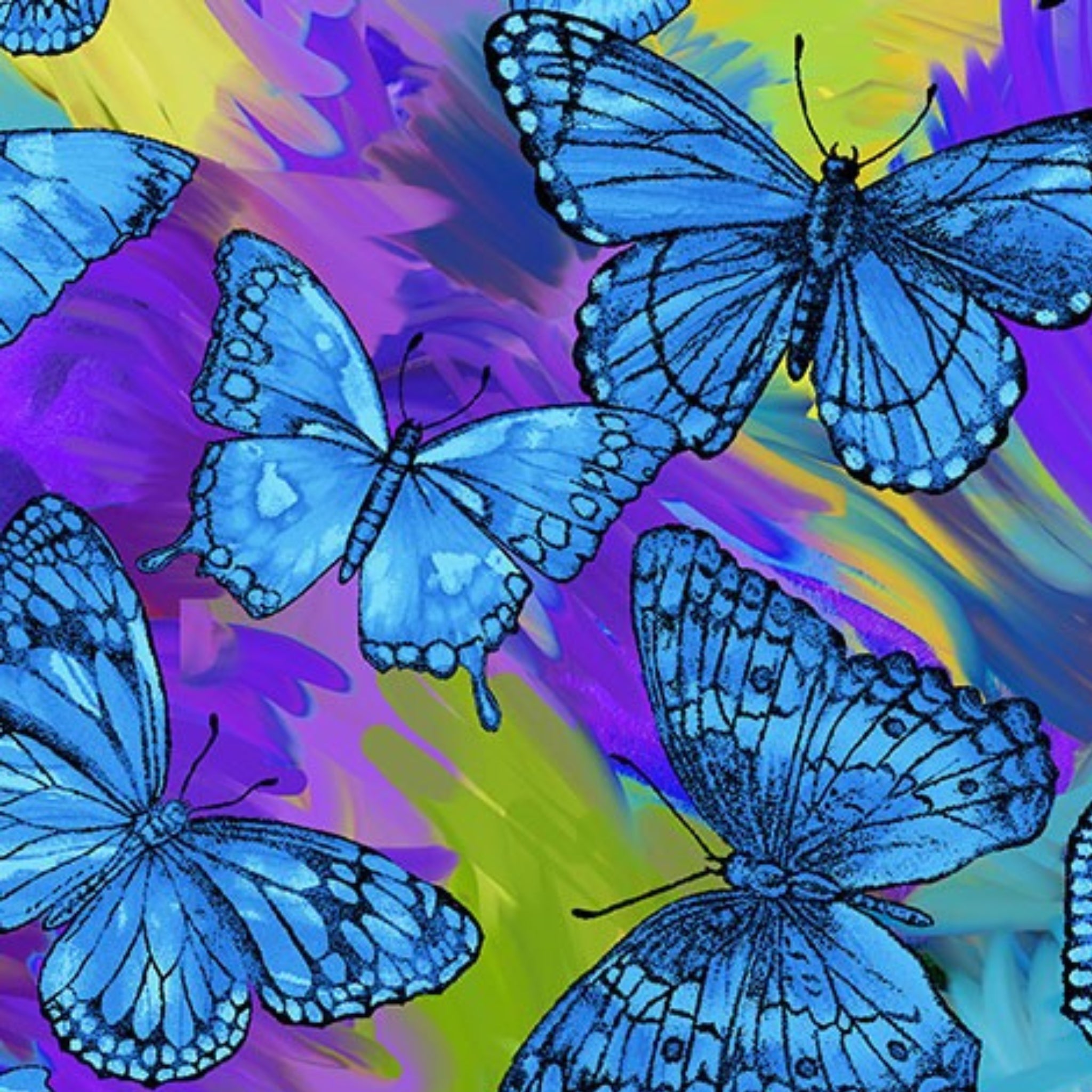 Blue morpho butterfly print on vibrant purple yellow teal tropical background for quilts and novelty projects