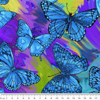 Blue morpho butterfly print on vibrant purple yellow teal tropical background for quilts and novelty projects