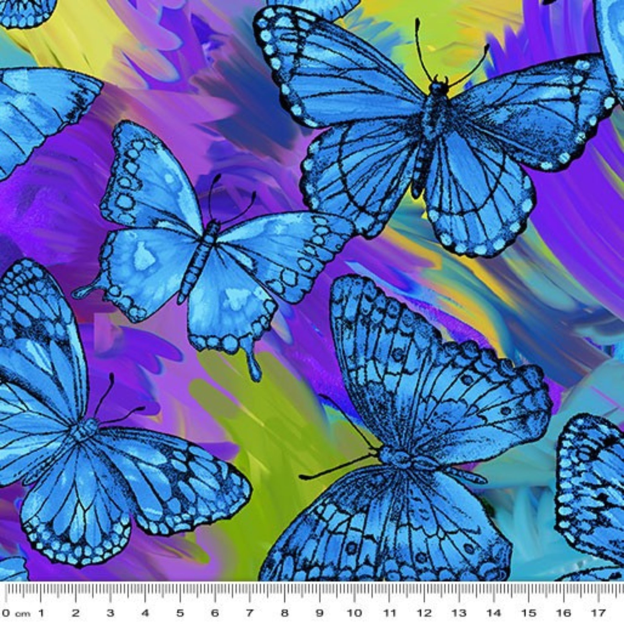 Blue morpho butterfly print on vibrant purple yellow teal tropical background for quilts and novelty projects