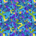 Blue morpho butterfly print on vibrant purple yellow teal tropical background for quilts and novelty projects