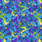 Blue morpho butterfly print on vibrant purple yellow teal tropical background for quilts and novelty projects