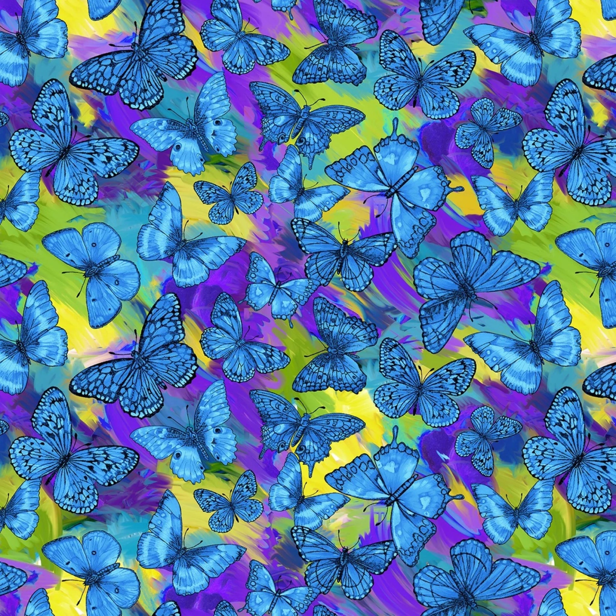 Blue morpho butterfly print on vibrant purple yellow teal tropical background for quilts and novelty projects