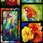 Rainforest panel with tropical parrots orchids foliage vibrant jewel tones for wall hangings quilts