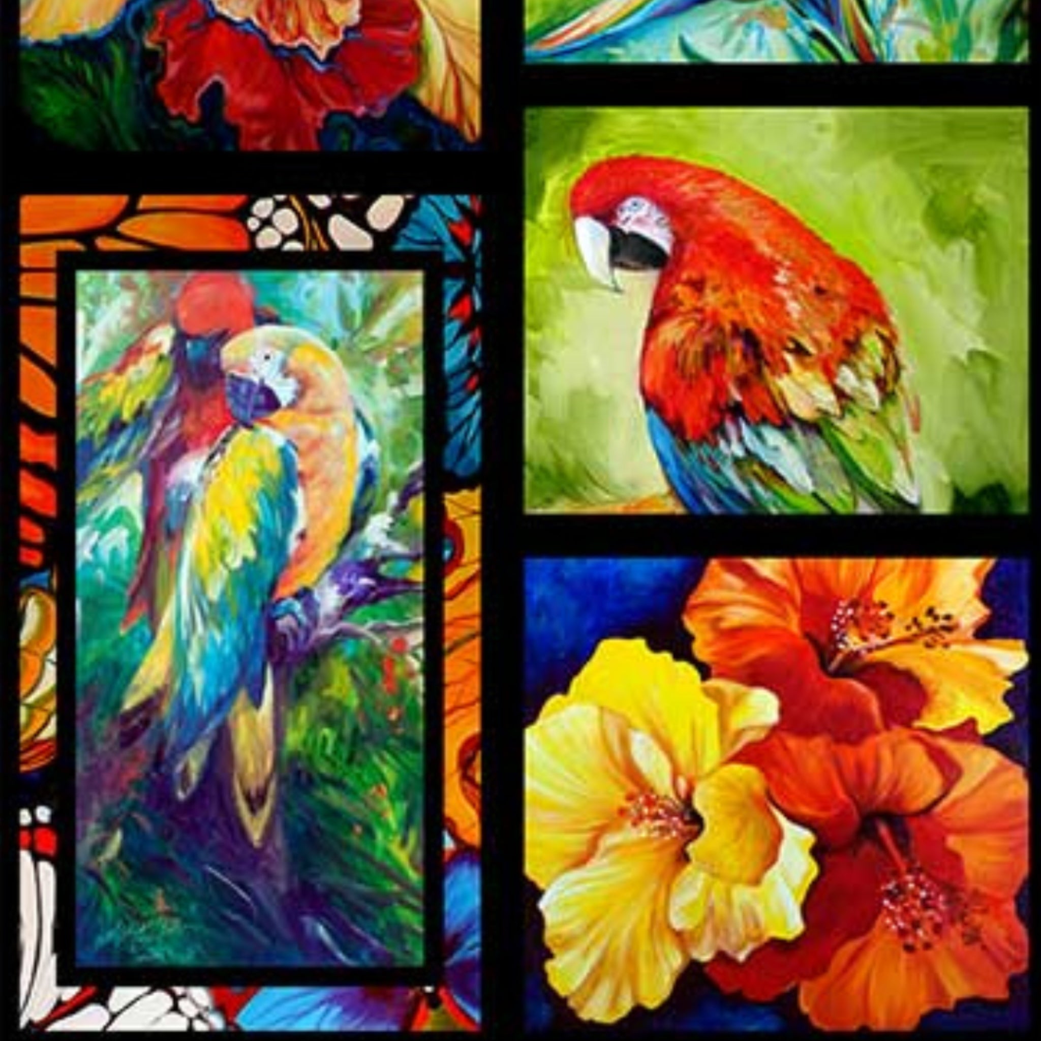 Rainforest panel with tropical parrots orchids foliage vibrant jewel tones for wall hangings quilts