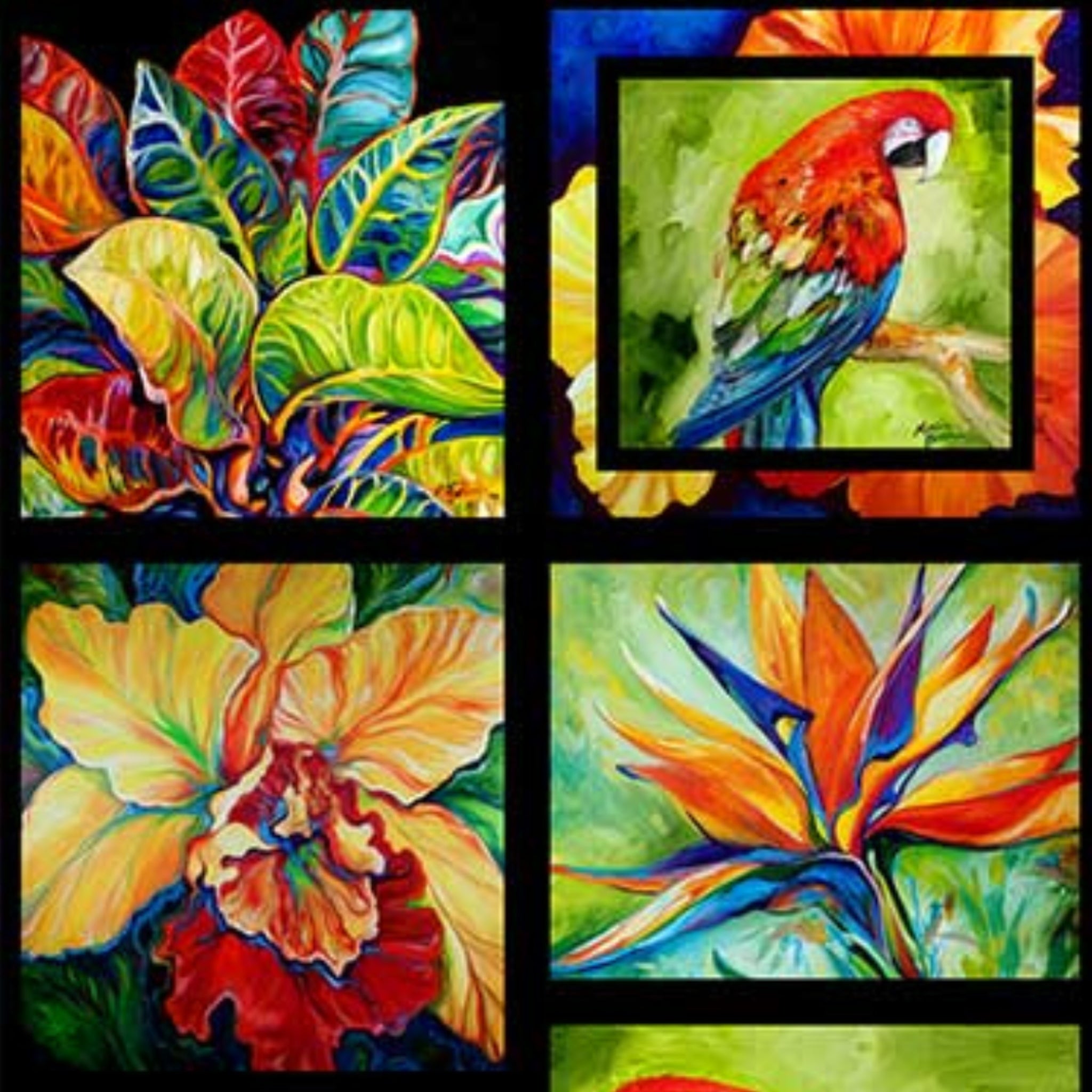 Rainforest panel with tropical parrots orchids foliage vibrant jewel tones for wall hangings quilts