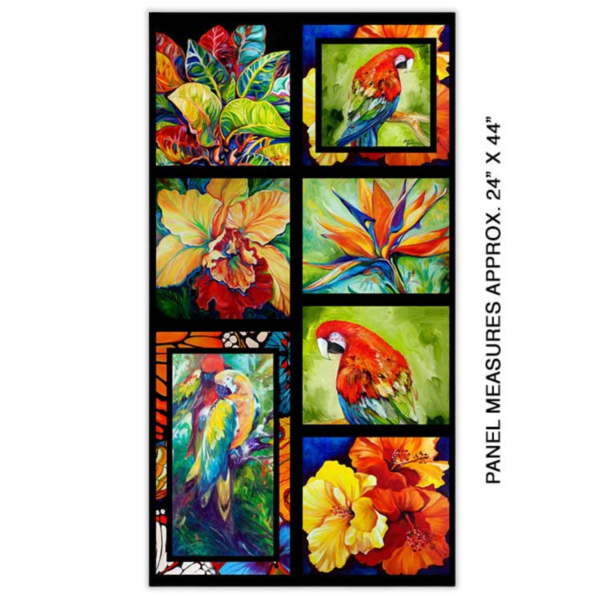 Rainforest panel with tropical parrots orchids foliage vibrant jewel tones for wall hangings quilts