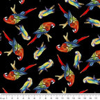Tossed parrots black background vibrant red yellow blue green tropical novelty quilting fabric