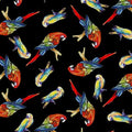 Tossed parrots black background vibrant red yellow blue green tropical novelty quilting fabric