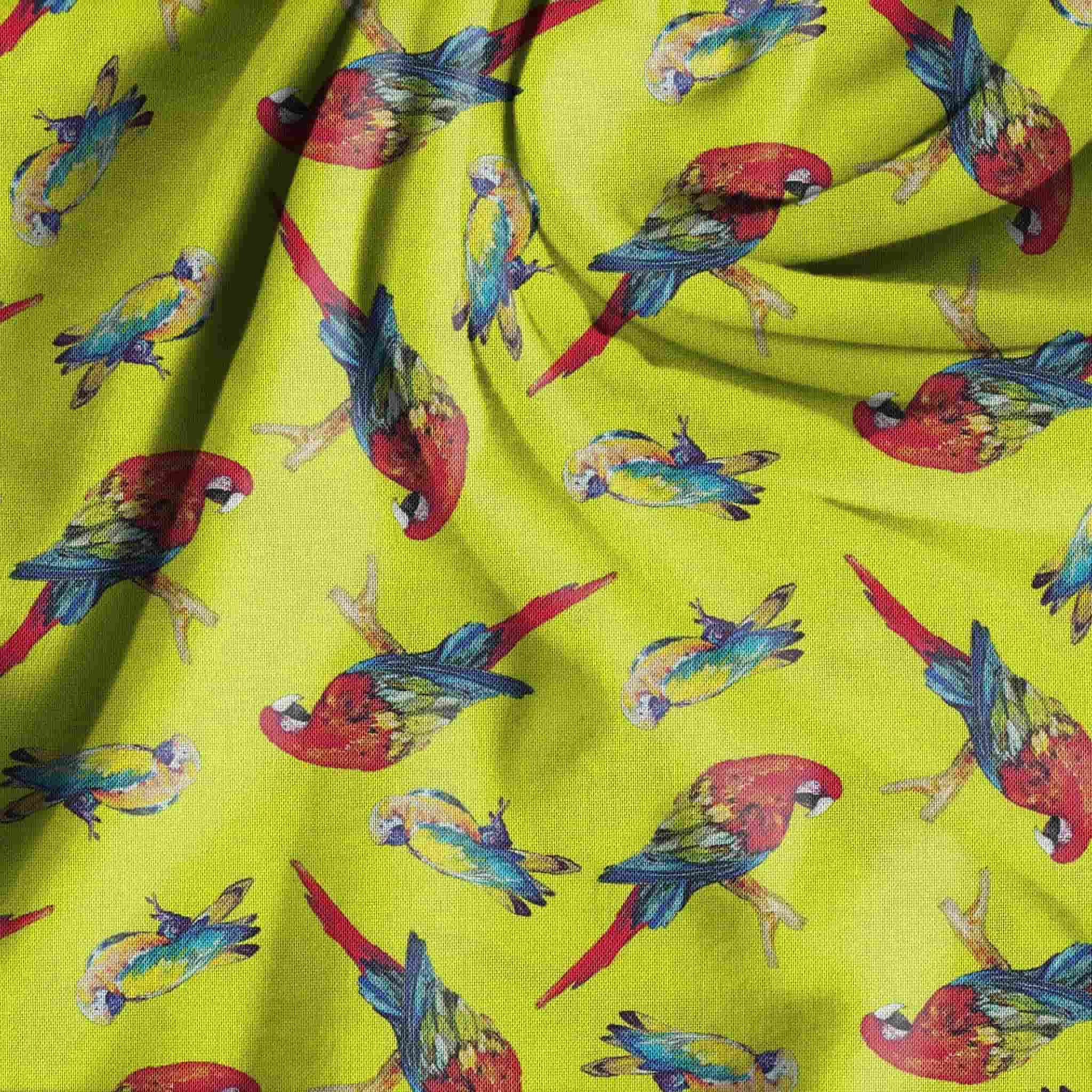 Tossed parrots lime green background vibrant red yellow blue tropical novelty quilting fabric