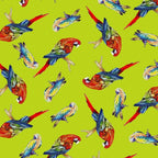 Tossed parrots lime green background vibrant red yellow blue tropical novelty quilting fabric