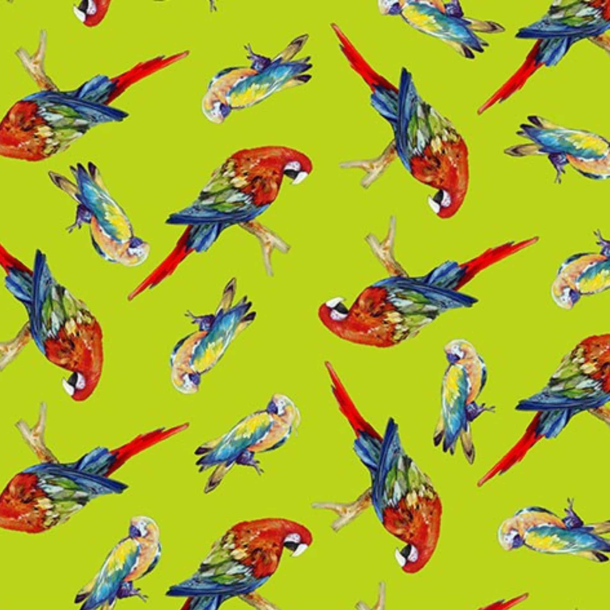 Tossed parrots lime green background vibrant red yellow blue tropical novelty quilting fabric
