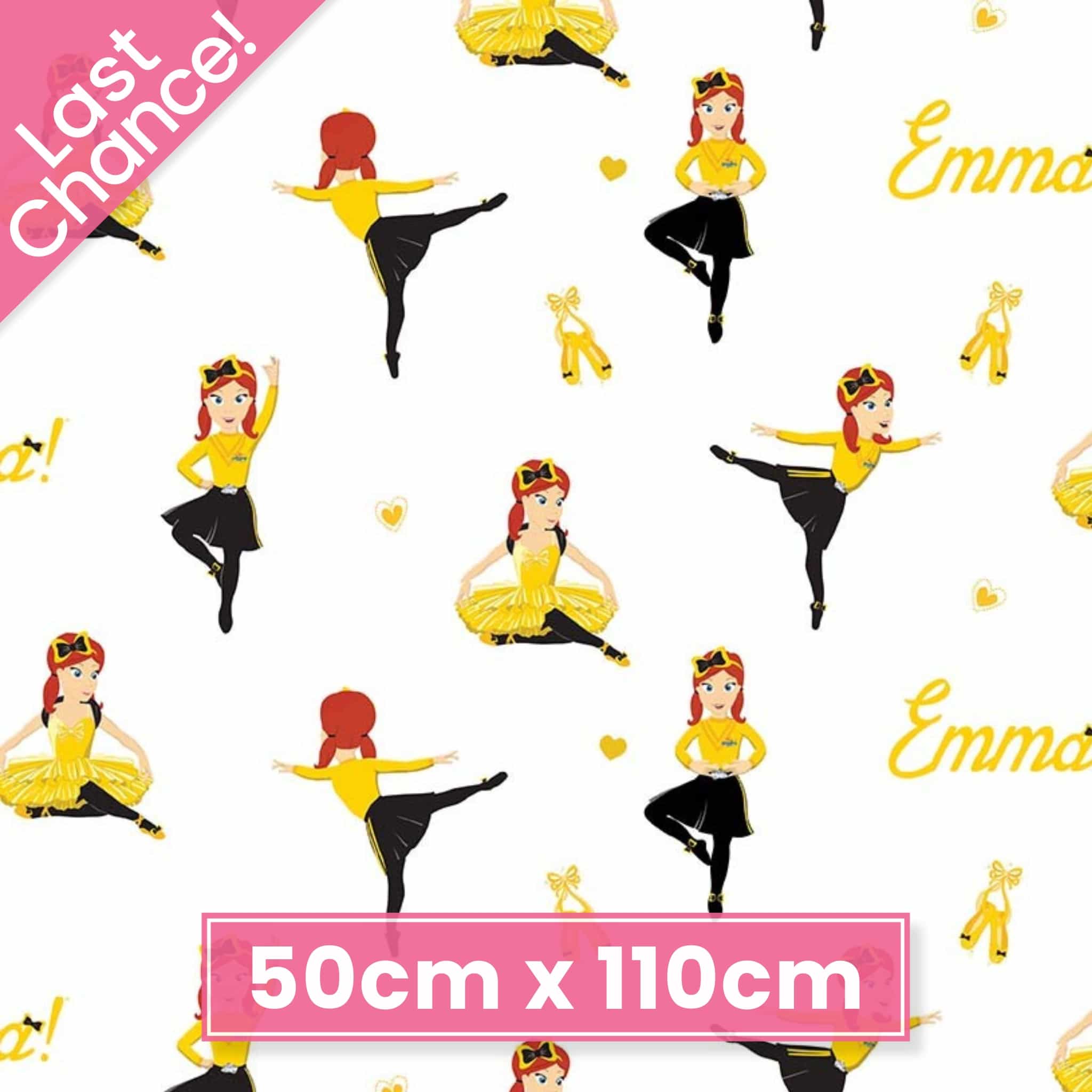 Emma Wiggle with yellow bow, ballet shoes and tutus on white quilting cotton fabric