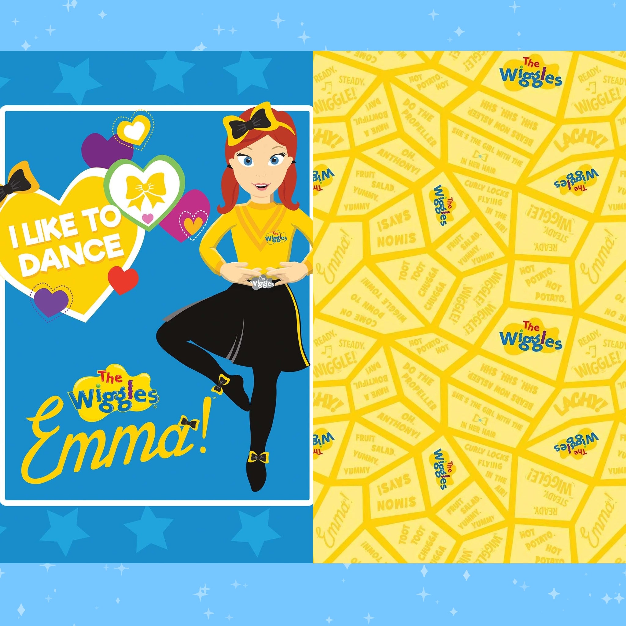 Emma Wiggle I Like To Dance blue panel and yellow Wiggles Songs coordinate fabric bundle Riley Blake children's quilts and Wiggles girls gifts