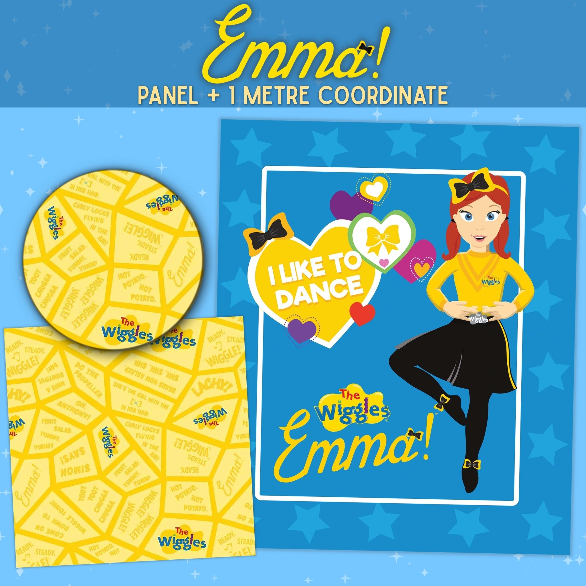 Emma Wiggle I Like To Dance blue panel and yellow Wiggles Songs coordinate fabric bundle Riley Blake children's quilts and Wiggles gifts